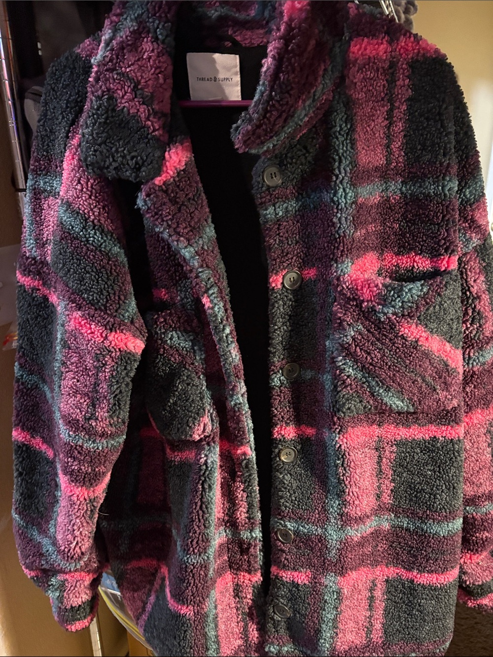 Thread & Supply Kids Plush Plaid Jacket in Pink & Black